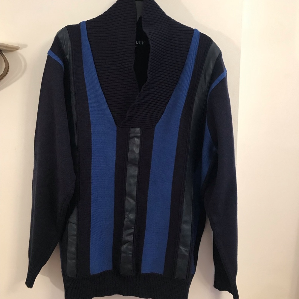 Navy Blue Pull Over Sweater, Shawl neck, Faux Leather trim, Size Large, Inserch